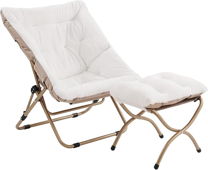 Tiita Folded Chair with Ottoman Soft Faux Fur Oversized Folding Accent ChairLazy Chair Metal Frame Moon Chair for Bedroom Living Room Dorm Rooms Garden and Courtyard