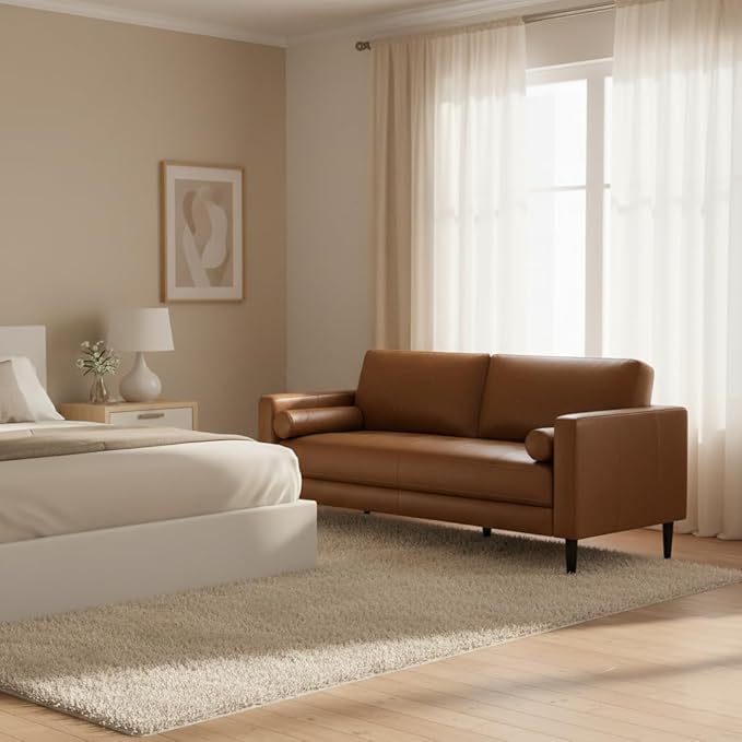 Naomi Home Genuine Leather Sofa - Revel in Exquisite Leather Opulence - Unparalleled Luxury Mid Century Sofa Embodiment of Cozy Lounging and Contemporary Design Tan