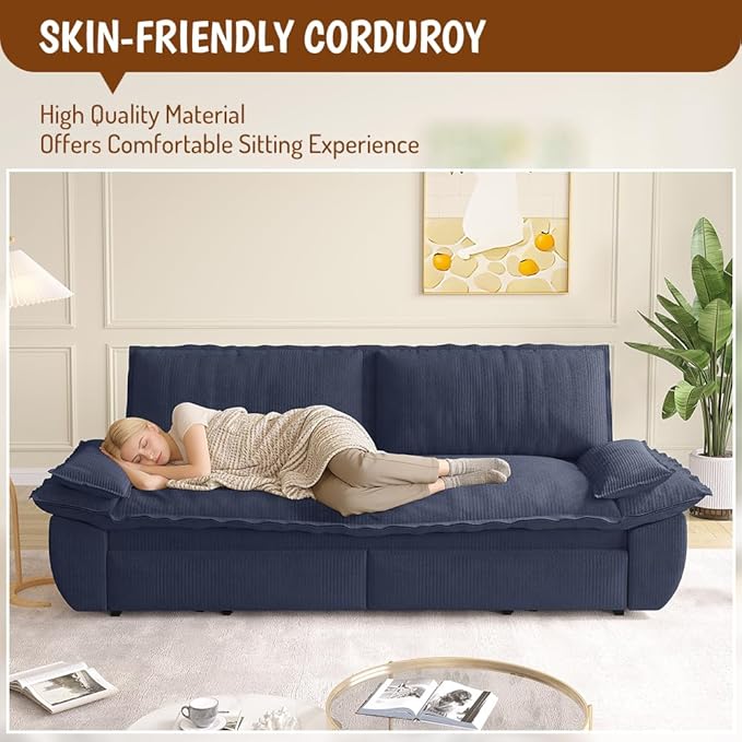 73.2 Sleeper Sofa Bed Queen Size 3-in-1 Convertible Couch Modern Pull Out Couches Comfy Corduroy Futon Sofa Cloud Loveseat Lounge Pillow Arm for Living Room Apartment Dark Blue