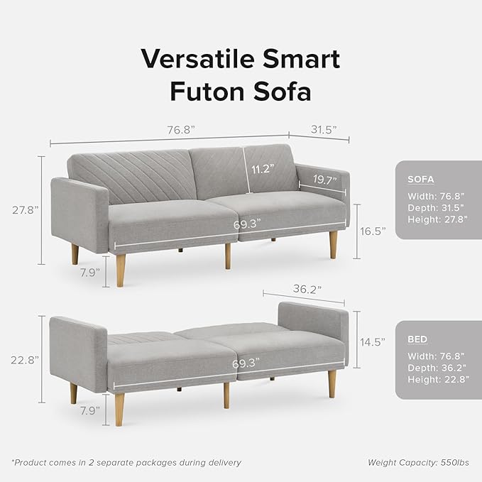 mopio 76.4 Futon Sofa Bed Couch Loveseat Sleeper Sofa Mid Century Modern Futon Couch Sofa Cama Couches for Living Room (Light Gray Fabric)