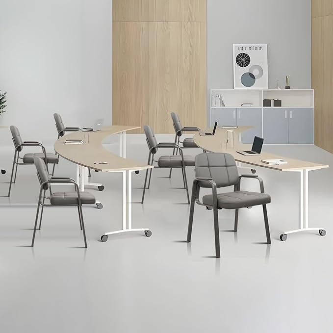 CLATINA Leather Office Guest Waiting Room Chair Sets of 8 Reception Chair No Wheels with Armrests and Lumber Support Stationary Desk Armchair for Meeting Conference Lobby Shool Study Grey