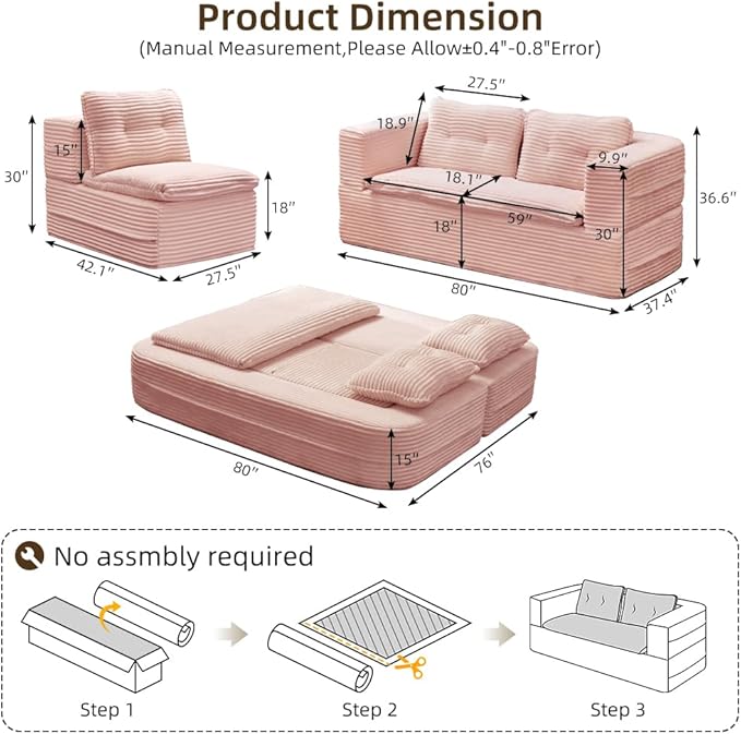 Folding Convertible Sectional Sofa Bed Corduroy Floor Couch Loveseat Lounge Chaise for Office Apartment80 King Size BedBaby Pink