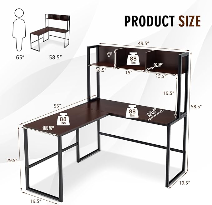 MEDIMALL L-Shaped Desk w/Storage Shelf Reversable Corner Desk Game Table w/Sturdy Metal Frame Multifunctional Computer Desk for Home Office (Teak)