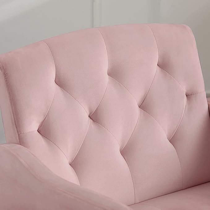 Velvet Tufted Accent ChairModern Upholstered Accent Living Room ChairComfy Armchair with Rose Golden Metal LegsTufted Singe Sofa Chair for Reading or Loungingfor Bedroom Office Decorative (Pink)