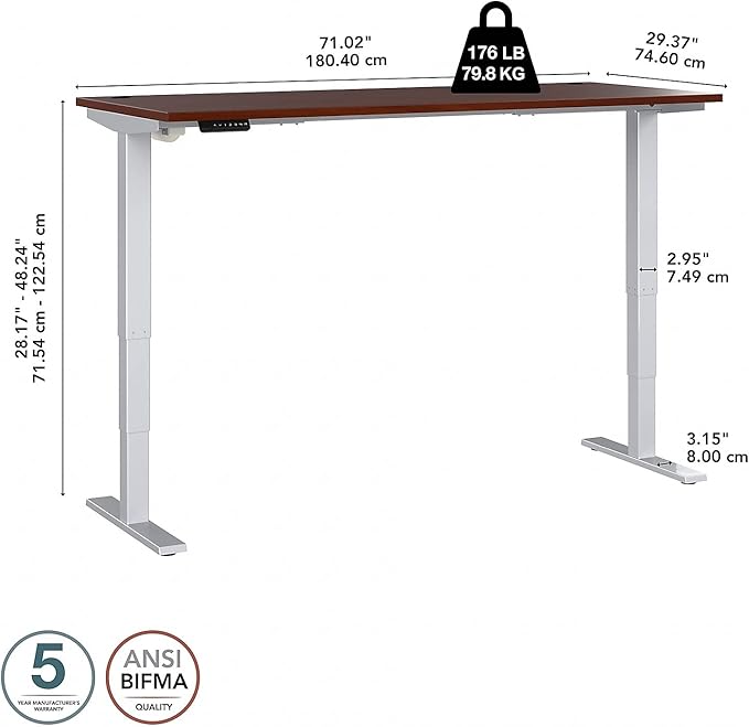 Bush Business Furniture Move 40 Series 72W x 30D Electric Height Adjustable Standing Desk in Hansen Cherry with Silver Base Ergonomic Sit-Stand Computer Table for Home and Professional Office