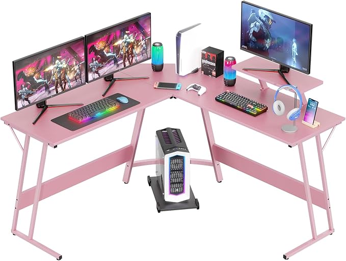 FDW L Shaped 51 Inch Gaming DeskCorner Computer DeskPC Gaming DeskWriting Workstation with Large Monitor Stand for Home OfficePink