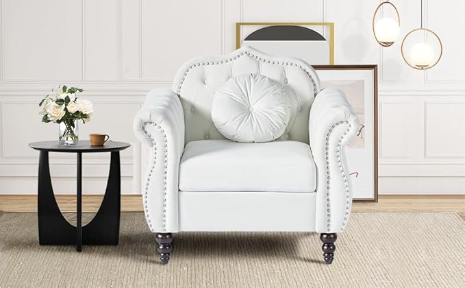 AVZEAR Modern Velvet Upholstered Accent Chair Mid-Century Modern Armchair Tufted Lounge Reading Chair White 1 Seater