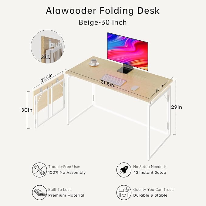 Folding Desk - 31.5 Wood Top Foldable Desk for Small Spaces | No Assembly Required Compact Desk for Home Office Writing and Study