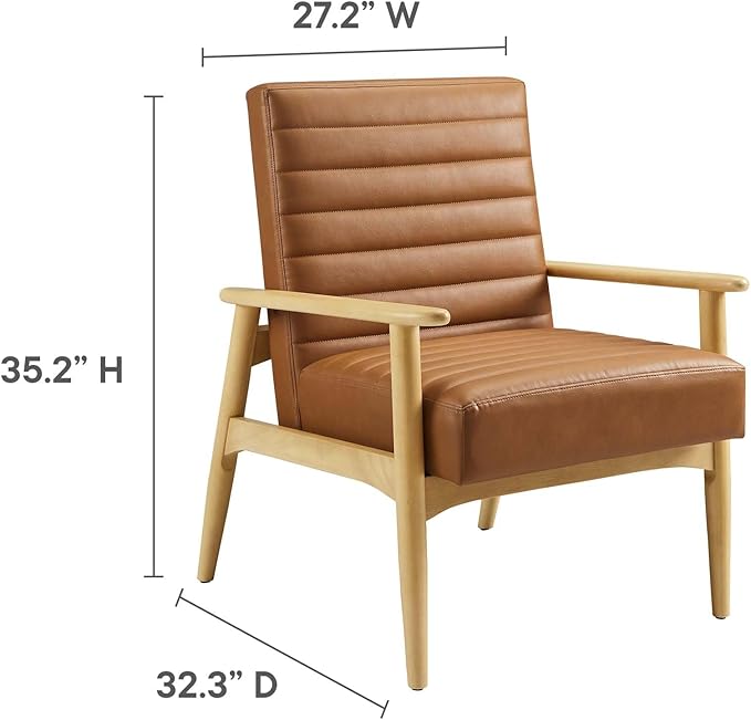 Modway Jensen Vegan Leather Accent Chair in Natural Tan - Mid-Century Modern Armchair with Solid Wood Legs &amp Armrest - Upholstered Faux Leather Single Side Chair - Reading Chair for Living Room