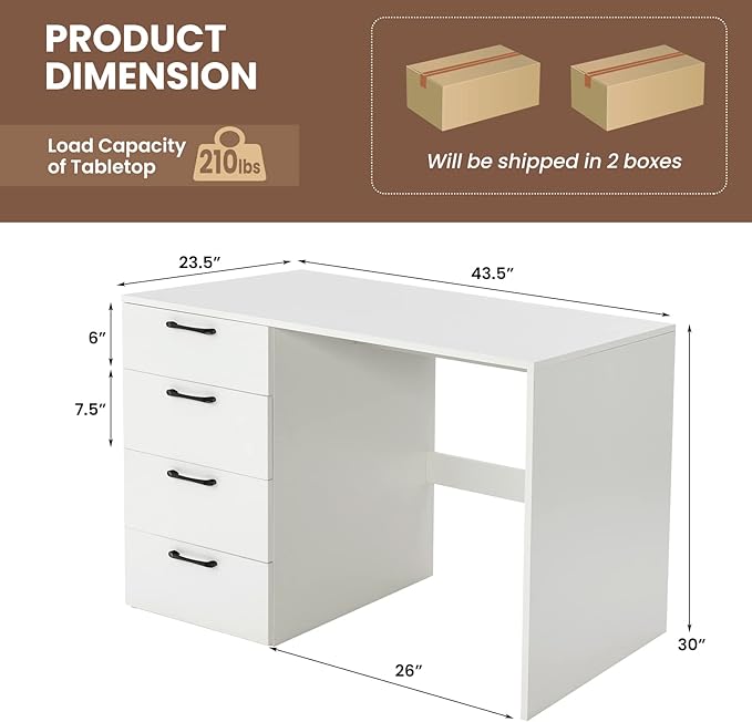 White Desk with Drawers Home Office Desk with 4 Storage Drawers Modern Vanity for Bedroom Teen Writing Study Table Wood Computer Workstation for Study Room 43.5×23.5×30 (L×W×H)
