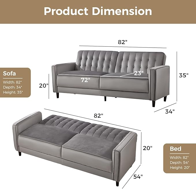 CANMOV Convertible Sofa Bed82″Fabric Futon Couch with Adjustable Backrest3 in 1 Convertible Comfy Loveseat Recliner Sleeper Sofa Bed for Living RoomGrey