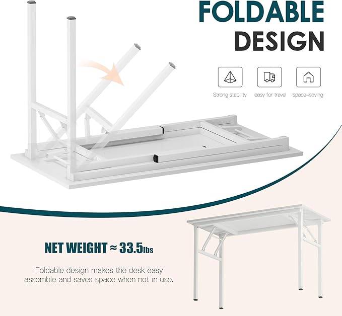 SogesGame Folding Desk 39.4 Inch Foldable Computer Desks with LED Lights and Monitor Stand Work Portable Table for Bedroom Home Office White