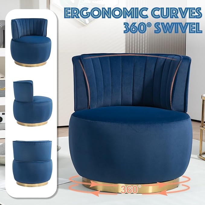 Swivel Barrel Chair Blue Velvet Modern Accent Chair Round Upholstered Comfy Side Chair Sherpa Chair with Gold Base for Nursery Living Room Bedroom Office Waiting Room Hotel Blue