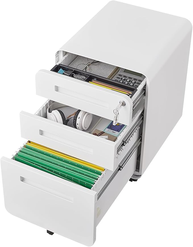 Office Pedestal File Cabinet: Lockable Compact Storage Solution for Home Office - Under Desk Cabinet with Removable Pencil Tray Hanging Bar and 5 Utility Wheels (White)