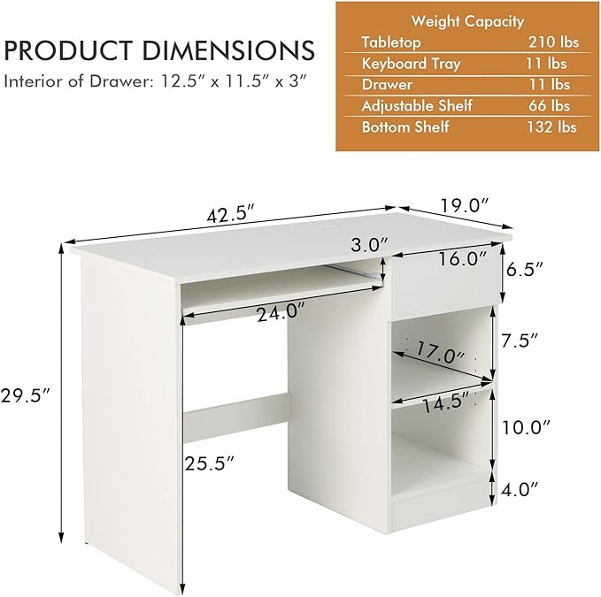 Tangkula White Desk with Drawer Wooden Computer Desk with Pull-Out Keyboard Tray &amp Adjustable Storage Shelves Modern Laptop PC Desk with CPU Stand Writing Study Desk for Bedroom (White)