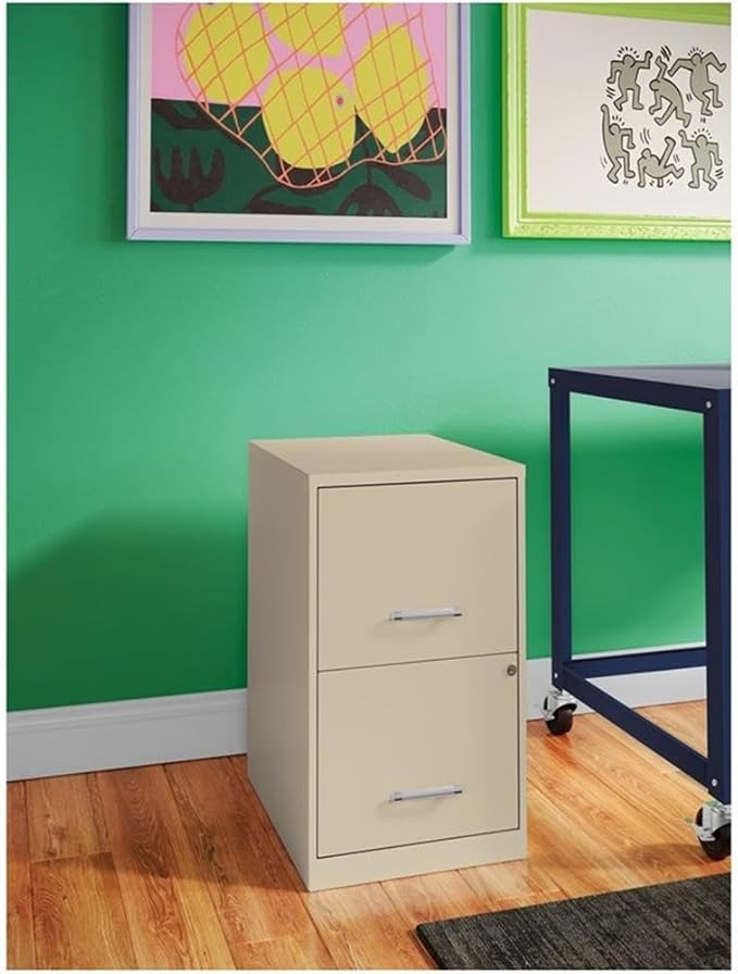 Pemberly Row 2-Drawer Metal Filing Cabinet 18 Deep Putty/Beige Finish Letter-Size Hanging Files High-Side Drawers Cam Lock Security Glide Suspension Home or Office Storage Solution