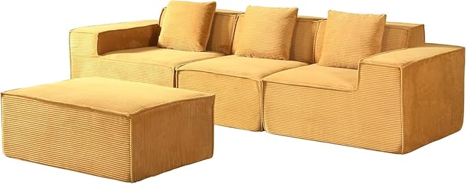 Harper Convertible Corduroy Sectional Couch with Ottoman &amp Pillows Modular L Shaped Sleeper Sofa Boneless Cloud Couch for Living Room Furniture Ginger Yellow