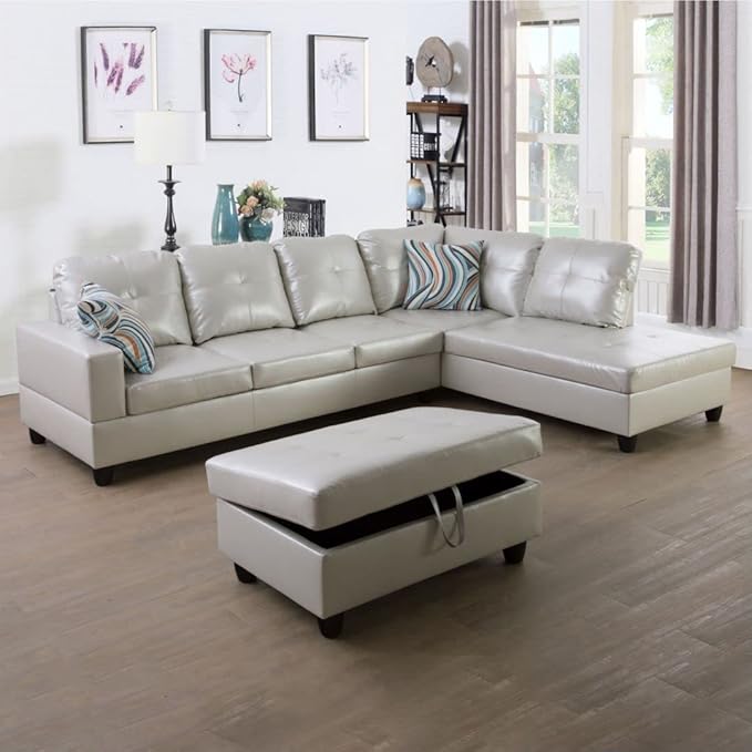 Leather Sectional Sofa SetL Shaped SofaSectional Sofa for Living Room Living Room Furniture Sets Apply to Apartment and Home(Leather Sectional Couch+Hydraulic Rod Ottoman) Powder