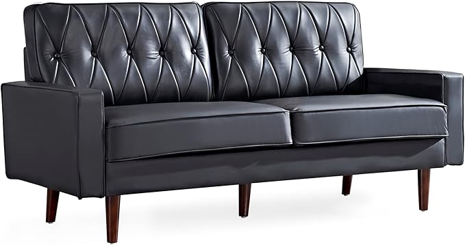 Container Furniture Modern Style Faux Leather Sofa with Elegant Round Tapered Legs and Button Tufted Backrest Perfect for Living Room Bedroom or Home Office 69.3’’ Wide Black