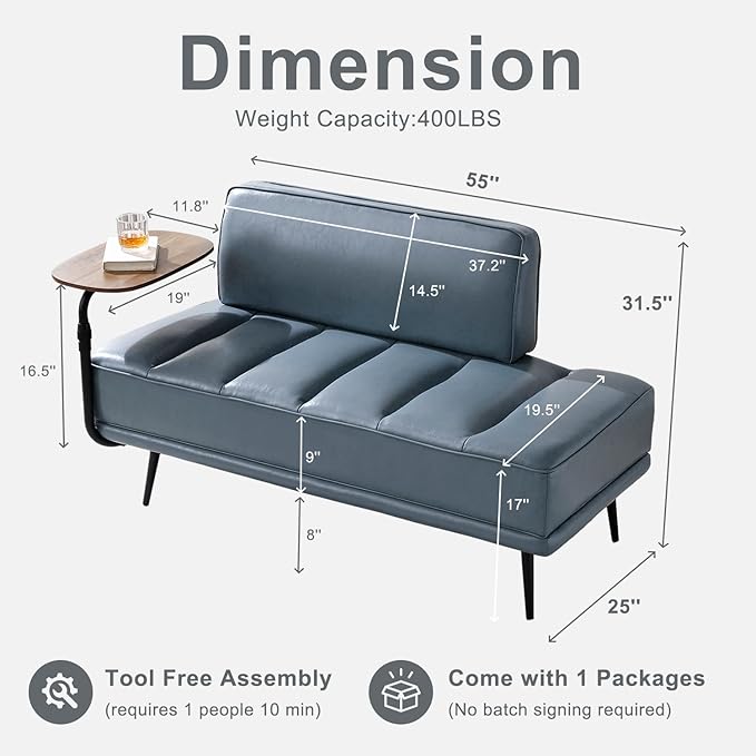 55 Faux Leather Upholstered Sofa Entryway Ottoman Modern End of Bed Bench with Side Table 360-degree Swivel Tray Couch Window Bench with Metal Legs for Bedroom Living Room (Grey)