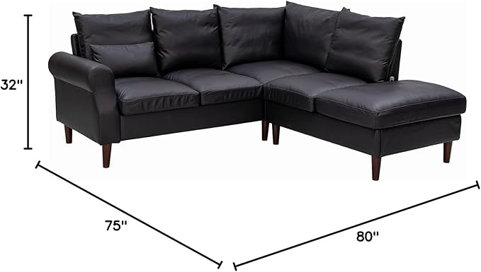 Panana Upholstered Sofa Couch Linen Fabric/Artificial Leather L Shaped Corner Sectional Modern Living Room Sofa (Black Faux Leather 5 seat Right Corner with Built-in USB Port)