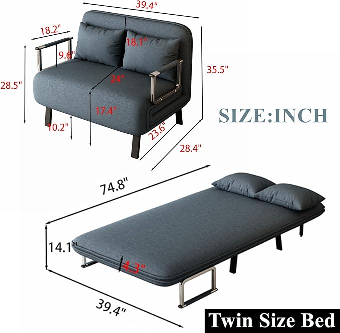 Tri-Fold Sofa Bed Twin Size Convertible Sleeper Sofa Bed with 6-Position Adjustable Backrest Velvet Upholstered Folding Chaise Lounge Couch for Home Office Gray