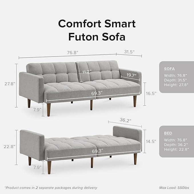mopio Aaron 76.8 Couch Small Futon Sofa Bed Sleeper Loveseat Mid Century Modern Futon Couch Sofa Cama Couches for Living Room Bedroom (Light Gray Fabric)