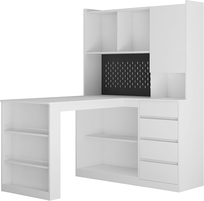 White L Shaped Desk with Hutch &amp Shelves Modern Computer Corner Desk with Drawers &amp Led Lights / Charging Station Wood Home Office Desk with Storage for Teenager Writing Study (White+Right S