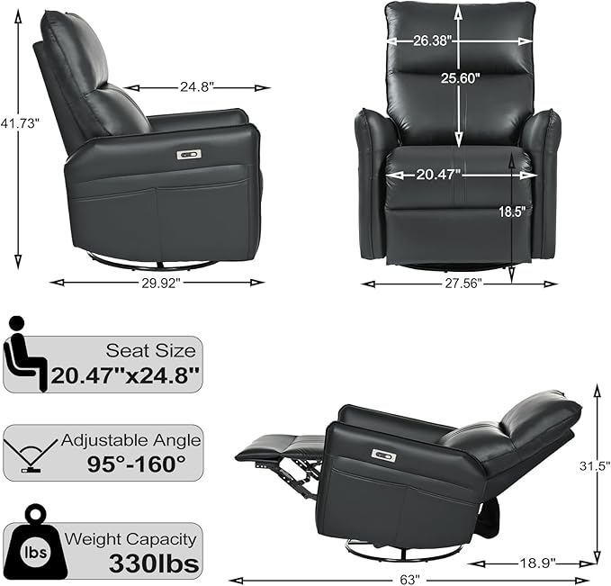 cinkehome Power Swivel Rocker Recliner with USB Overstuffed Electric Reclining Chair Faux Leather Rocker Recliner for Nursery Living Room Black