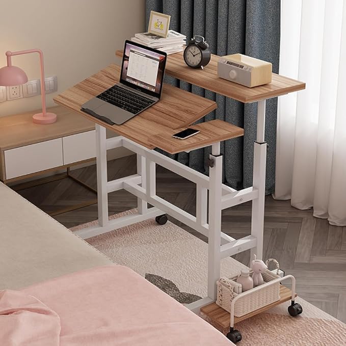 Garvee Portable Standing Desk Adjustable Height 26.4-61 Mobile Computer Desk with Wheels Tiltable Top &amp CPU Stand Rolling Laptop Table Cart for Home Office Light Walnut