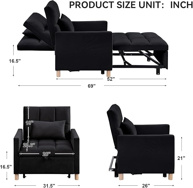 Convertible Sleeper Sofa Chair Bed3-in-1 Sleeper Chair Bed with PillowPull Out Single Armchair Sofa Bed with Adjustable Backrest Multi-Functiona Lounge Chair for Living Room (Black)