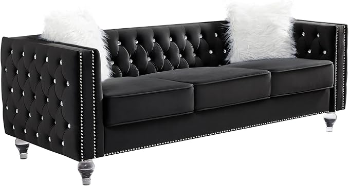 Mikibama Velvet 3 Seater Sofa Couch with Buttons and Square Arms 83.07 Inch Tufted 3-seat Sofas with Trimmed Nailhead and Acrylic Legs Modern Couches for Living RoomBedroom (Black-crystal Legs Sofa)
