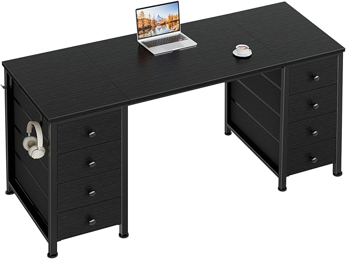 DLisiting Black Gaming Desk with Fabric Drawers on Both Sides 55 Inch Home Office Computer Study Writing Work PC Desk with 8 Storage Drawers Storage for Bedroom