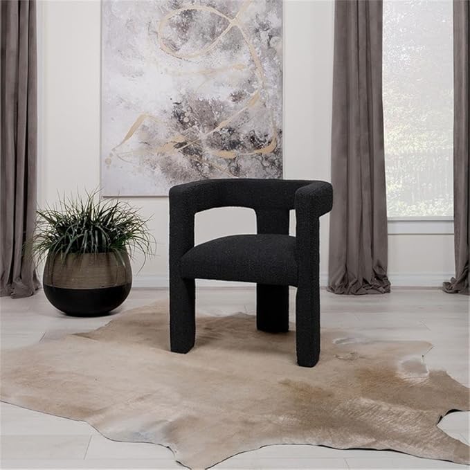 Pemberly Row Modern Fabric Upholstered Accent Side Chair Black Bouclé Upholstery 29.5 H x 26 W x 24.5 D Curved Arms Plastic Glide Levelers Elegant Contemporary Design for Living Room or