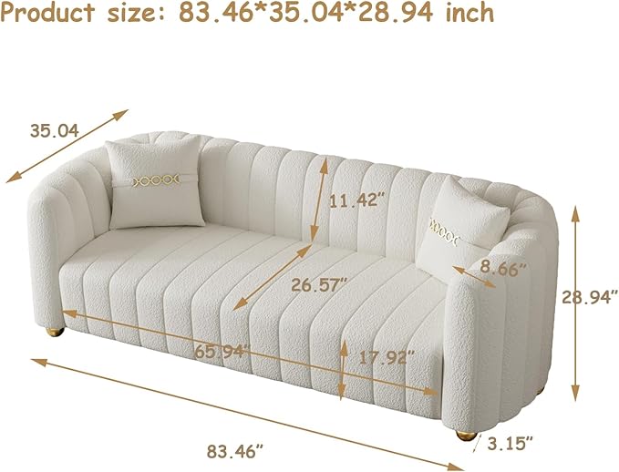 Modern Lambswool Loveseat Sofa Couch for Living Room 84 Comfy Upholstered 3 Seater Sofa Couch with Gold Metal Legs &amp 2 Pillows Luxury Sectional Sofa for Bedroom Office Apartment Creamy-White
