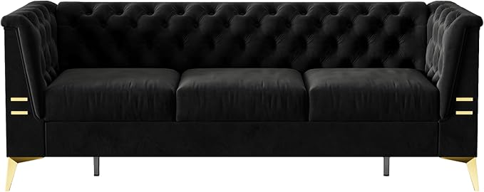 Tomkate 82 Black Velvet Chesterfield Sofa Mid-Century Modern Tufted 3-Seater Couch with Flared Arms Removable Cushions &amp Gold Metal Legs for Living Room (Black)