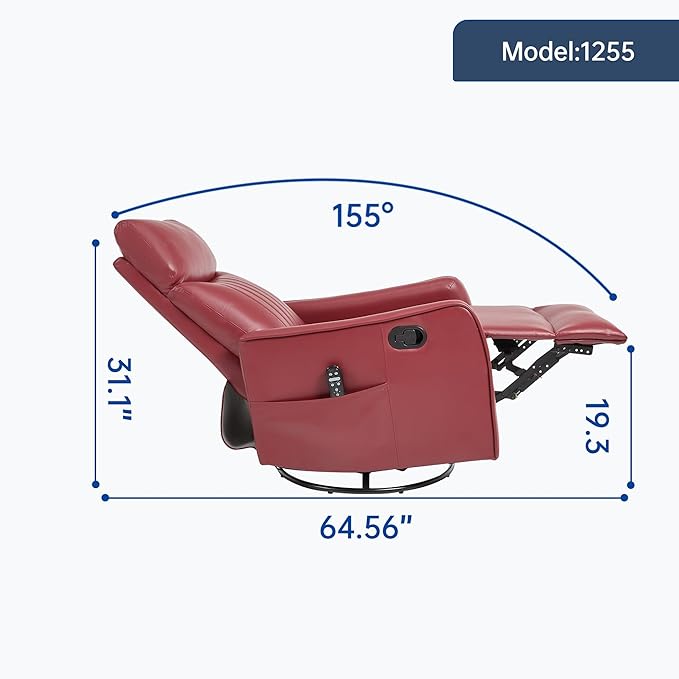 High Back Massage Recliner with Heat - Swivel Rocking Chair for Small Spaces Manual Lazy Boy Recliner for Adults Perfect for Living Room &amp Bedroom Soft Fabric (Red)