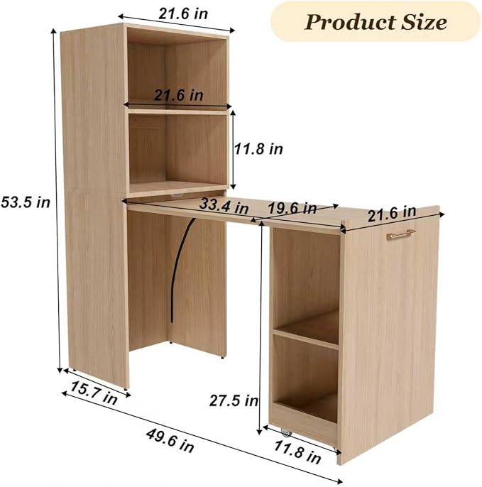 Fold Out Desk with Storage Shelves Convertible Murphy Table Mid Century Pull Out Home Office Desk with Mobile Wheels Hidden Writing Desks for Small Spaces (Natural Wood)
