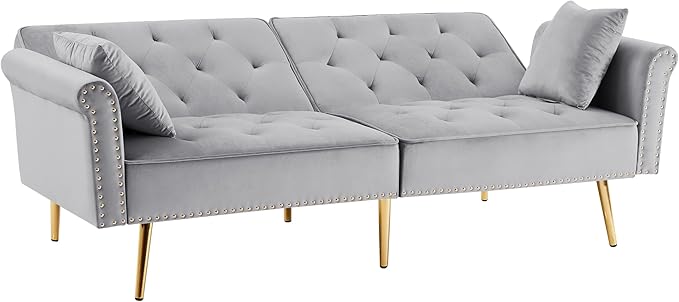 69.6 Velvet Tufted Sofa Couch Copper Nail Decoration Accent Sofa with Metal Legs 2 Pillows &amp Nailhead Trim Convertible Futon Couch Sleeper Sofa Loveseat Futon Sofa Bed for Living Room