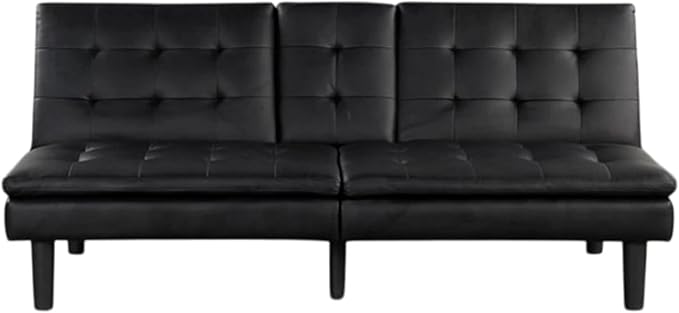 Benzara Berie Futon Sofa Bed Drop-Down Tray Cupholder Black Faux Leather