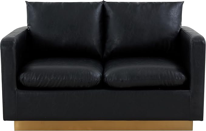 LeisureMod Nervo Modern Upholstered Leather Loveseat Sofa 2-Seater Living Room Couch with Gold Metal Base and Removable Cushions Small Space Furniture for Living Room Office Waiting Area Black