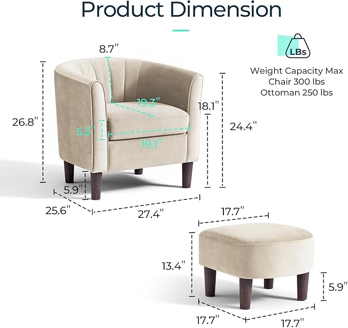 LINSY Accent Chair with Ottoman Modern Barrel Chair Small Armchair Reading Chair with Footrest Comfy Round Arms Chair for Living Room Bedroom Reading Room Velvet Beige