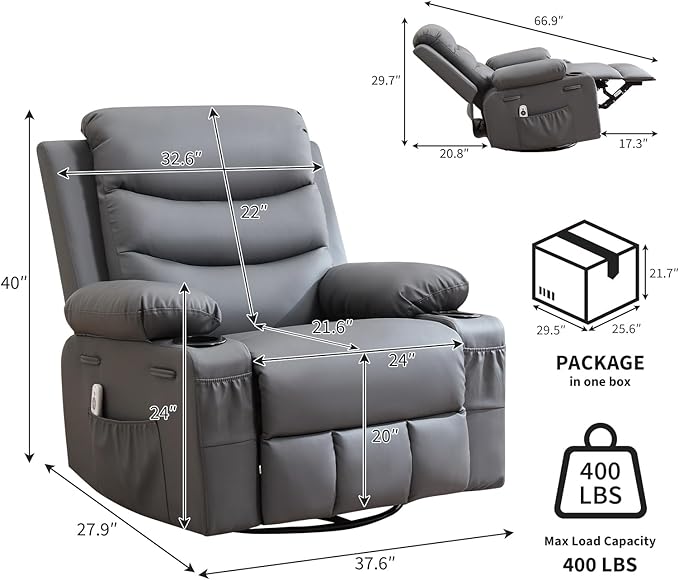 IDEALHOUSE Rocker Recliner Chair with Massage and Heat Swivel Reclining Sofa with Cup Holder Side Pockets Front Pockets Rocking Chair for Living Room Bedroom Nursery (Grey PU Leather)