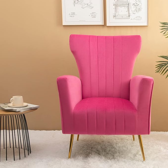 Velvet Accent Chair Wingback Arm Chair with Gold Legs Upholstered Single Sofa for Living Room Bedroom