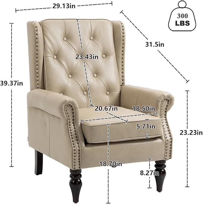 Mid-Century Wingback Chair PU Leather Accent Chair with Buttons Modern Living Room Lounge Sofa Chair with Rivet DecorationSingle Club Armchair for Bedroom Home Reception(PU Camel)