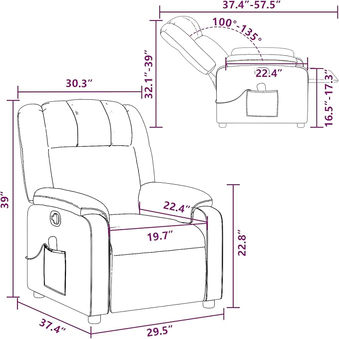 vidaXL Massage Recliner Chair for Living Room Adjustable Recliner with 6-Point Vibration Massage Home Theater Seating with Padded Seat Backrest &amp Side Pocket Cream Fabric