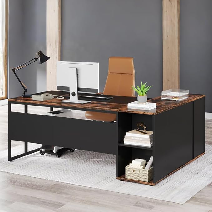 Tribesigns 71 L-Shaped Executive Desk Large Office Desk with Lateral Cabinet and Open Shelves Industrial Computer Table for Home Office Walnut &amp Black