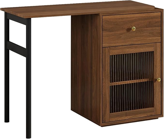 Computer Desk with 90 Degree Rotating Desktop Corner Home Office Desk with Storage Hutch and Drawers for Writing Gaming Bedroom Living Room Home Decor (Style-13)
