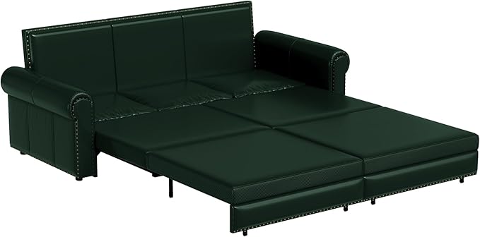 93.7 Faux Leather Convertible Sleeper Sofa 3 in 1 King Size Pull Out Sofa Bed Oversized Loveseat Couch for Living Room Bedroom Lake Green
