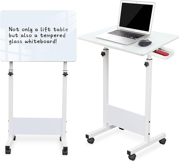 KOUPA Adjustable Height Standing Desk Writable Tempered Glass Desktop with Eraser 360° Flip Wheels – Ideal for Small Spaces and Home Offices 24 in White(Adjustable Height: 32-47 in)